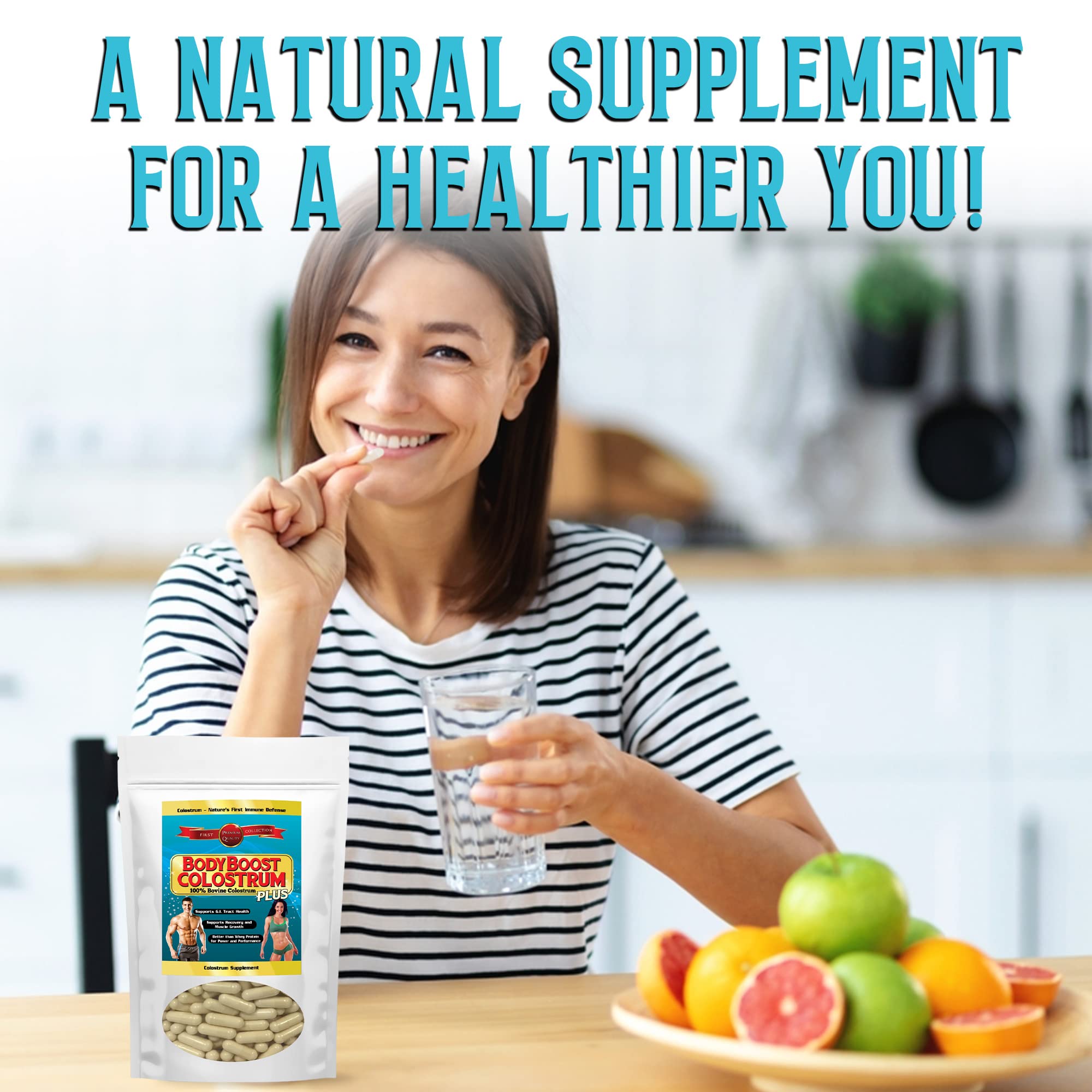 BodyBoost Colostrum Capsules on kitchen counter signals simple daily supplement.