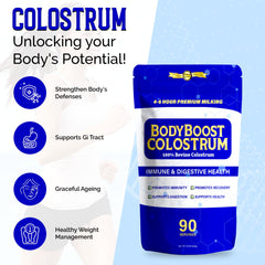 BodyBoost colostrum powder with scoop for smoothies and shakes.
