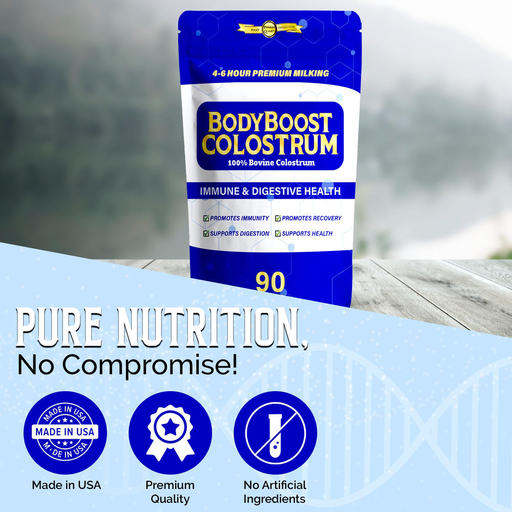 BodyBoost colostrum smoothie setup highlighting creamy texture.