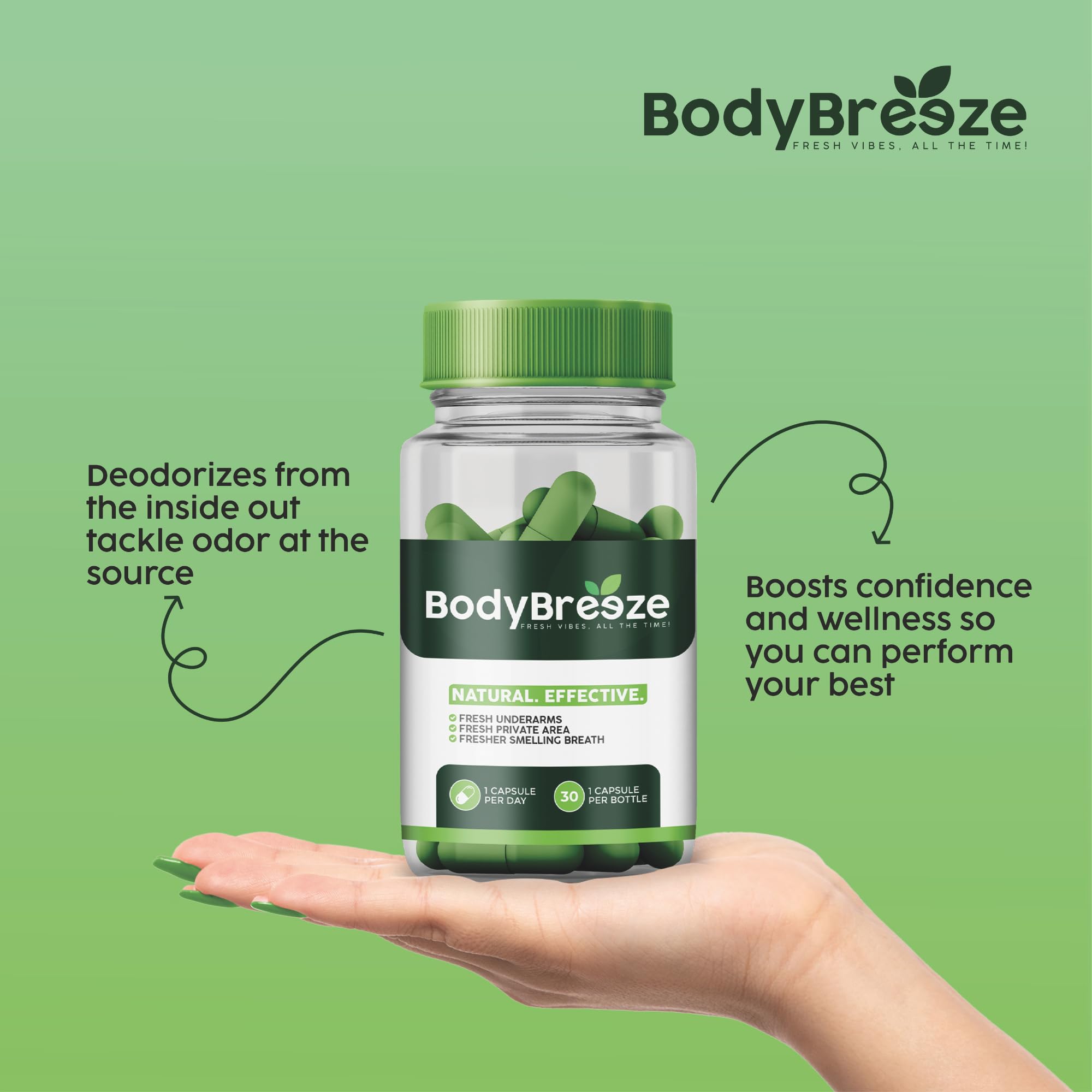 Visual emphasizing digestive health support with BodyBreeze capsules.