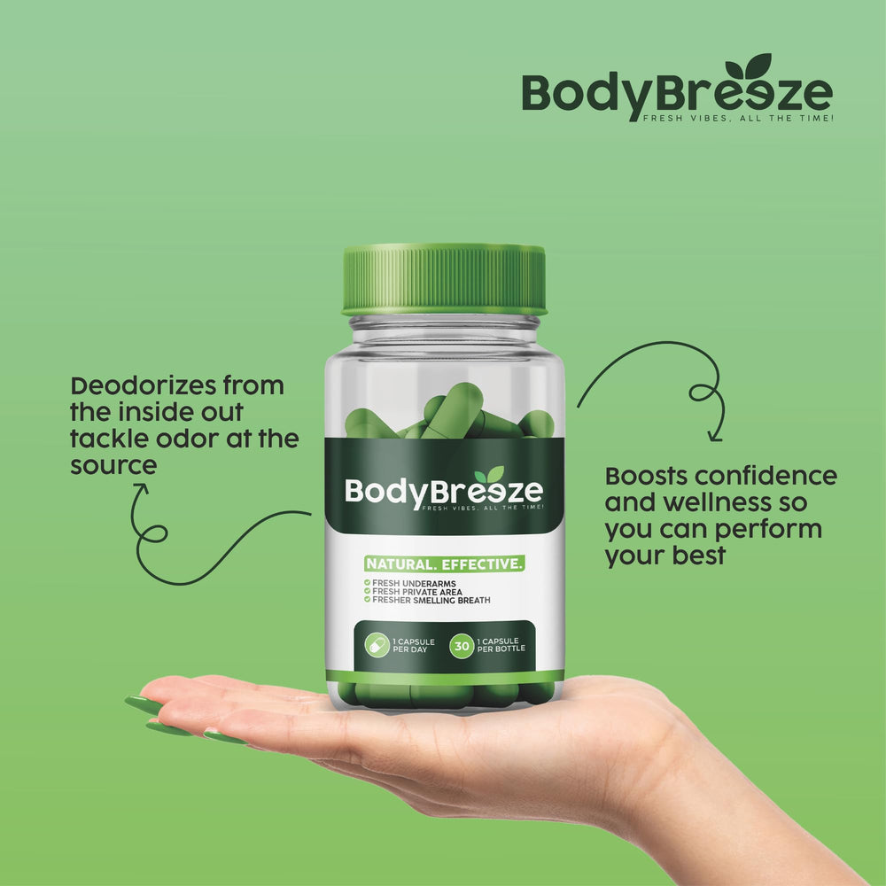 Visual emphasizing digestive health support with BodyBreeze capsules.