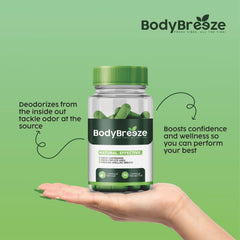 Visual emphasizing digestive health support with BodyBreeze capsules.