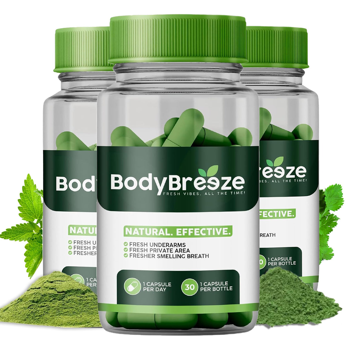 BodyBreeze internal deodorant bottle with chlorophyll capsules for daily freshness.