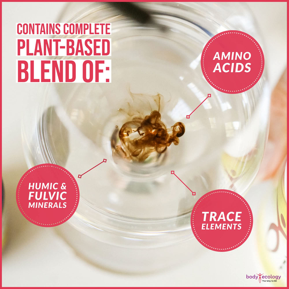 Body Ecology Ancient Earth Minerals in water glass illustrates electrolyte-like hydration support.
