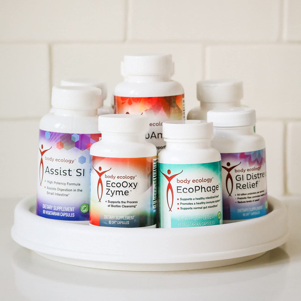 Body Ecology EcoPhage product shot with health symbols implying trusted wellness