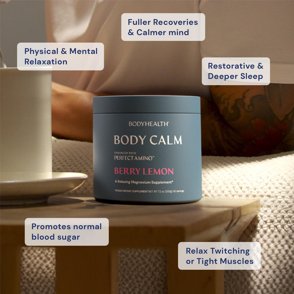 BodyHealth Body Calm scoop in glass illustrating easy mixing.