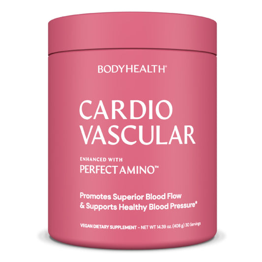 BodyHealth Cardio Vascular bottle label highlighting PerfectAmino blend for heart support.