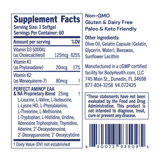 BodyHealth D3 + MK7 label highlights D3 and MK7 content