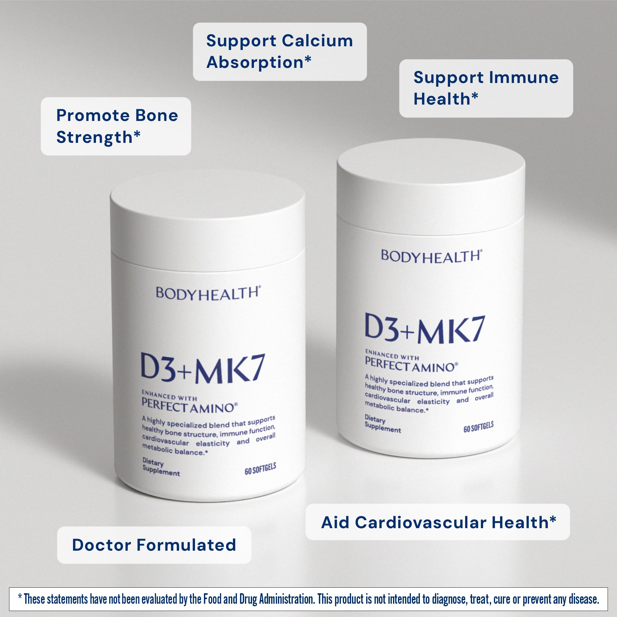 Close-up of BodyHealth D3 + MK7 softgels for easy swallowing