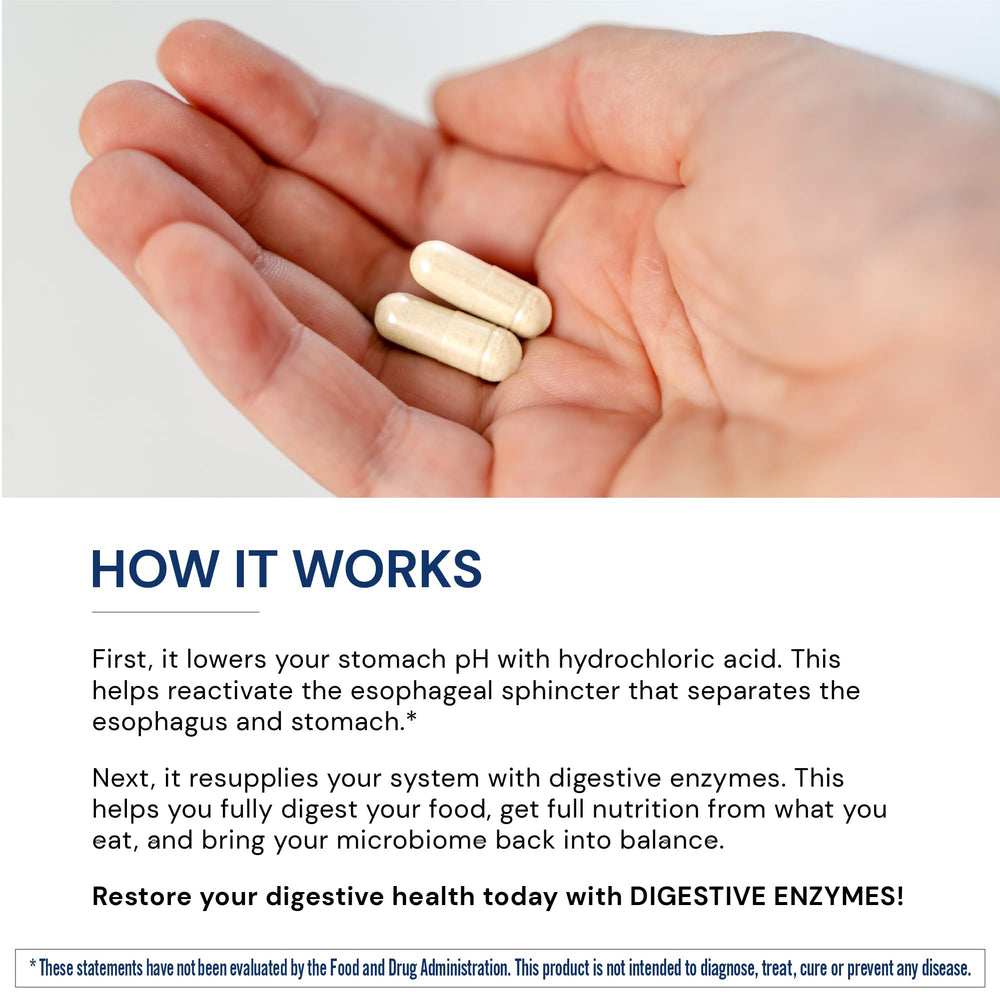 BodyHealth Digestive Enzymes bottle suggests relief from bloating after meals