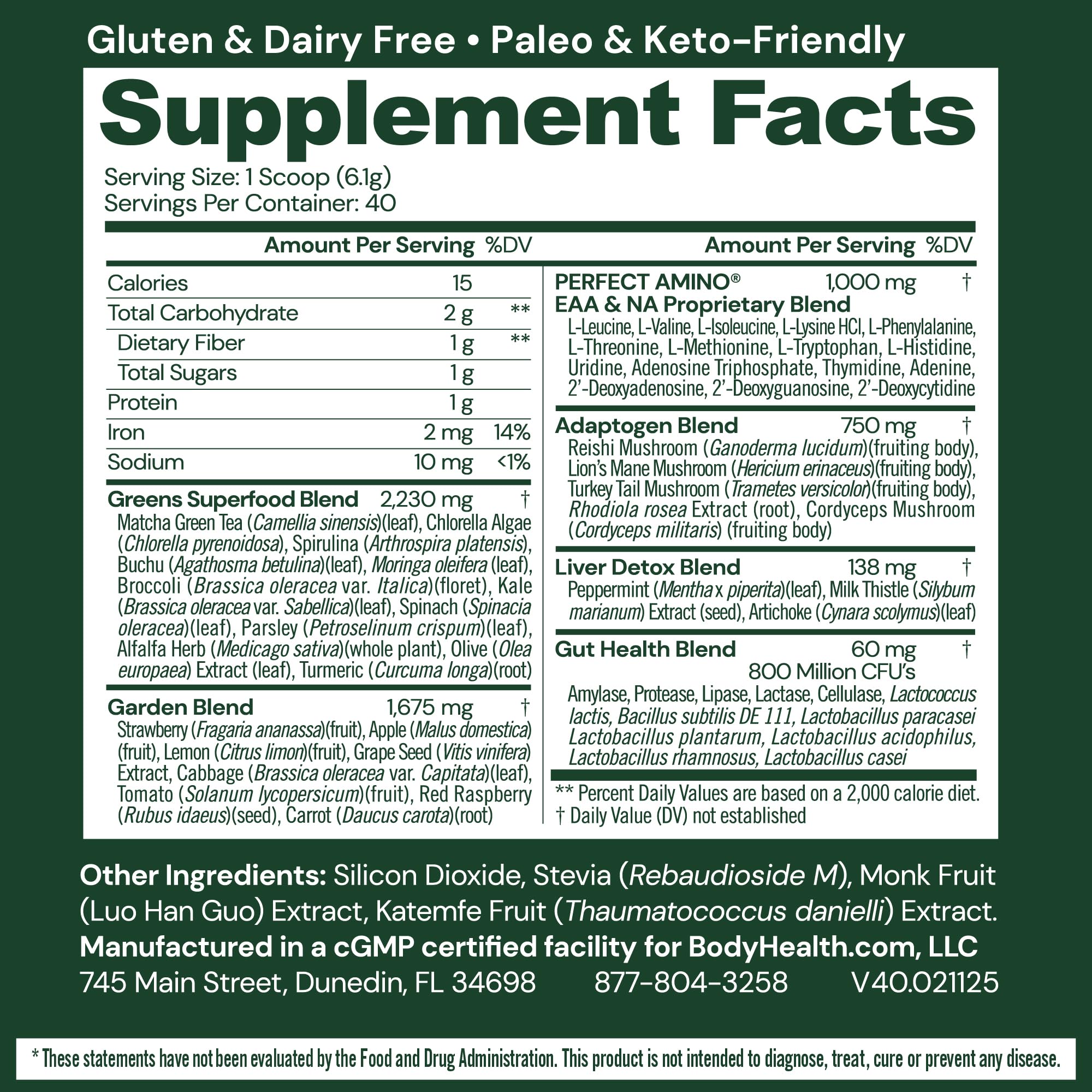 BodyHealth Greens Enhanced daily scoop highlights easy daily intake for balanced nutrition.