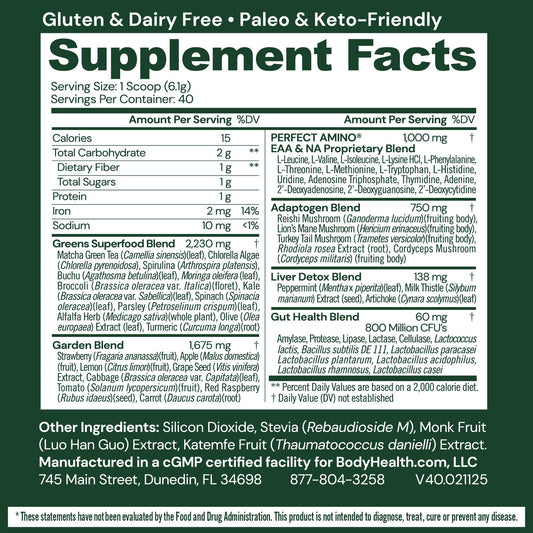 BodyHealth Greens Enhanced daily scoop highlights easy daily intake for balanced nutrition.