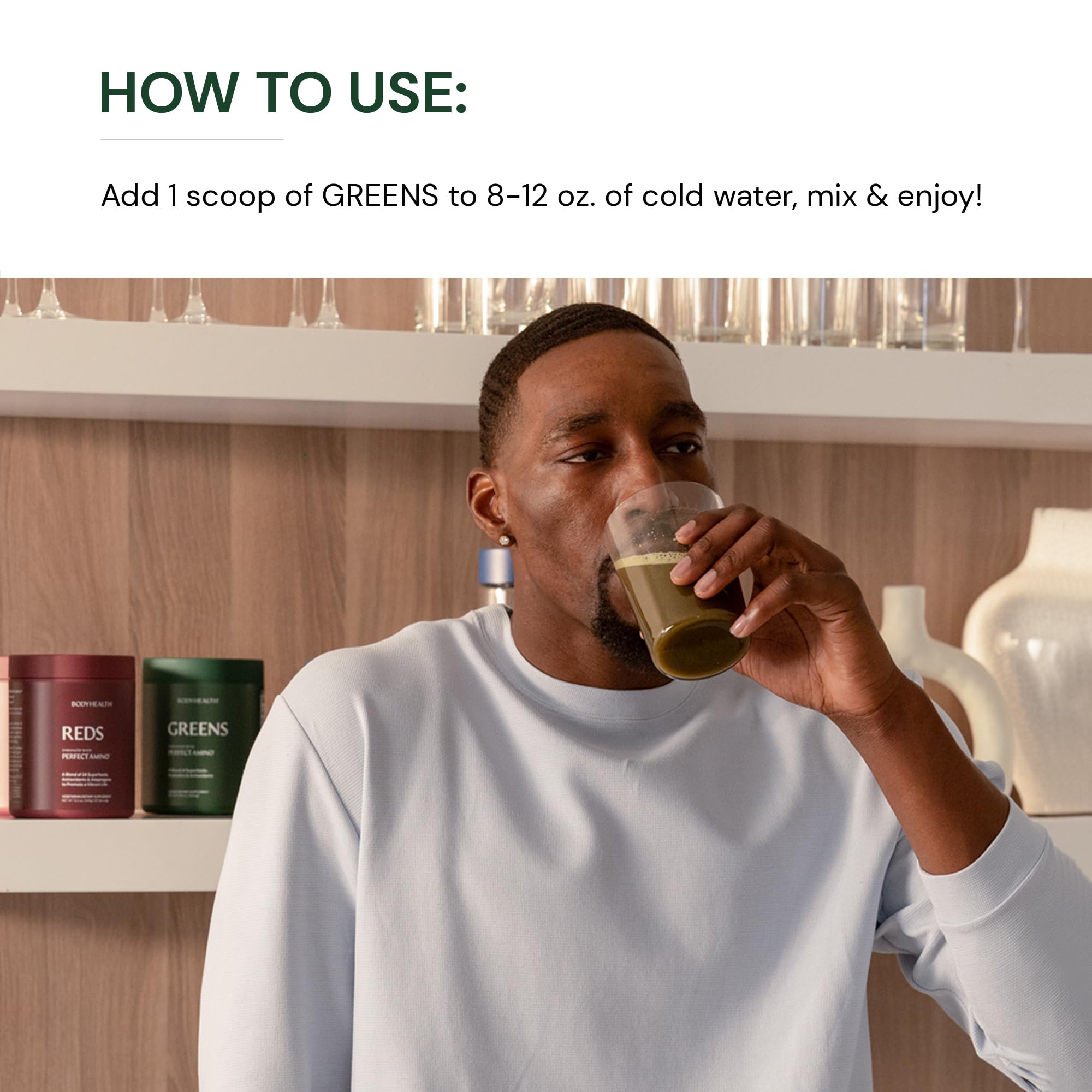 BodyHealth Greens Enhanced ingredient blend close-up reveals fruit, vegetables, prebiotics and probiotics.