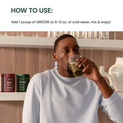 BodyHealth Greens Enhanced ingredient blend close-up reveals fruit, vegetables, prebiotics and probiotics.