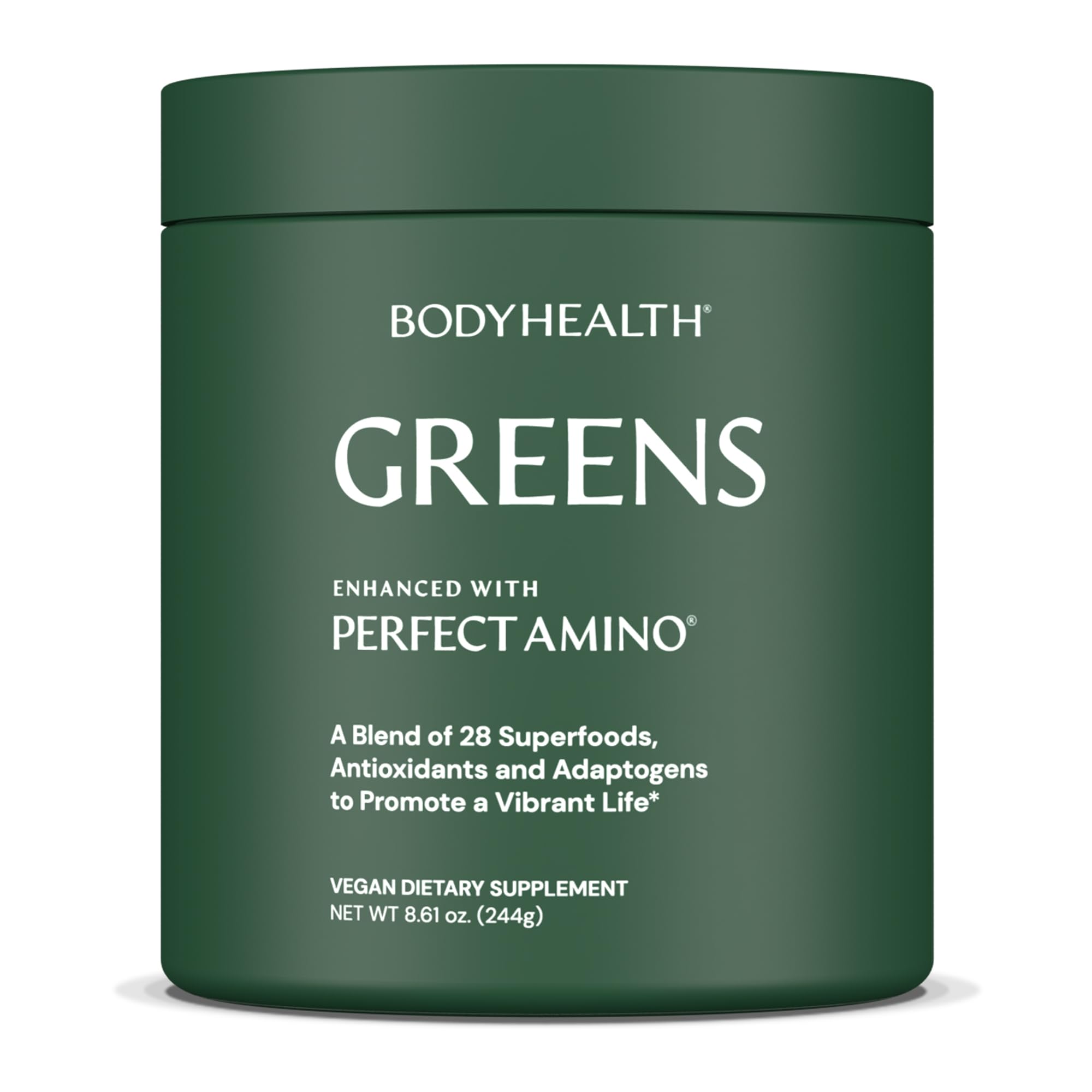 BodyHealth Greens Enhanced PerfectAmino bottle showcases convenient daily nutrition for active lifestyles.