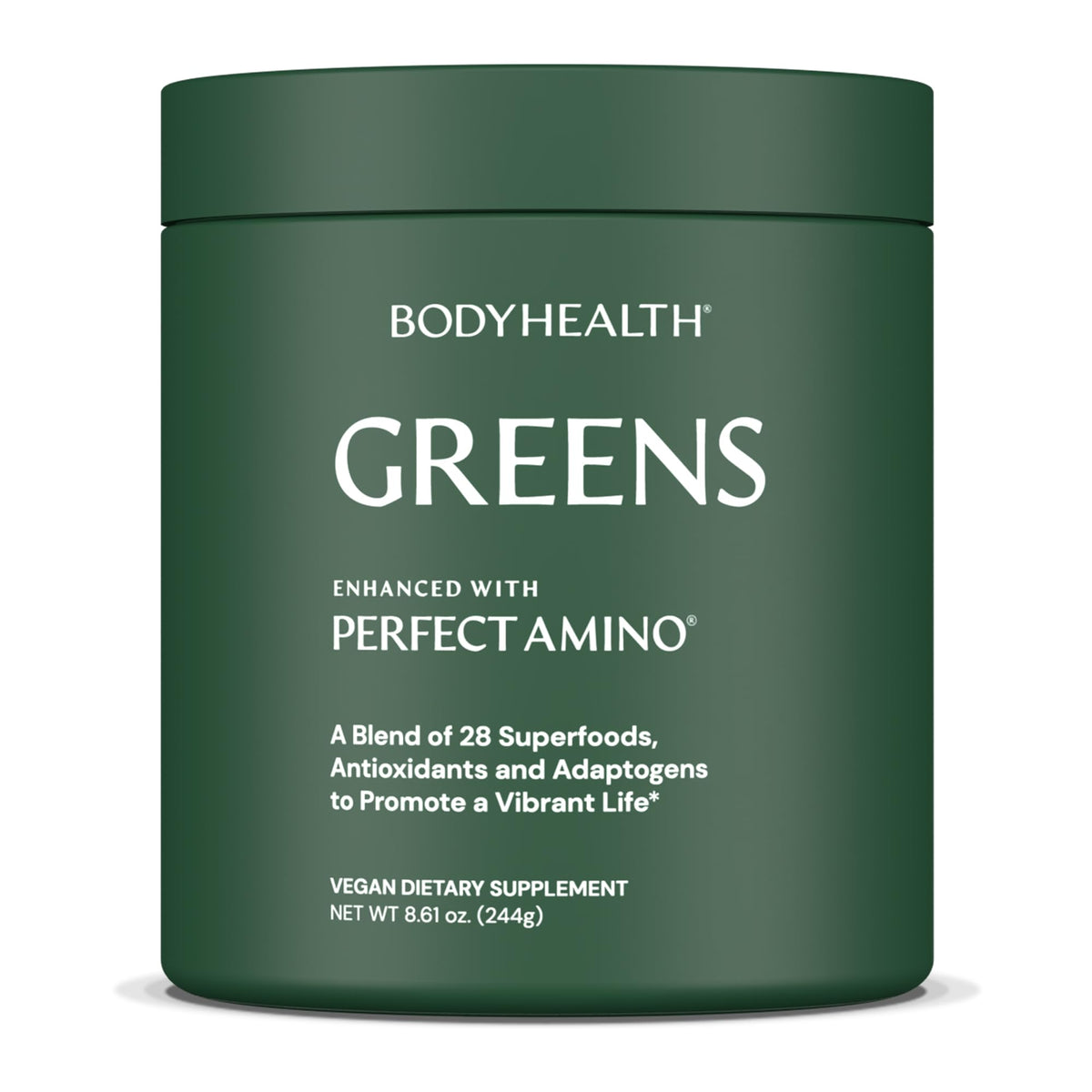 BodyHealth Greens Enhanced PerfectAmino bottle showcases convenient daily nutrition for active lifestyles.