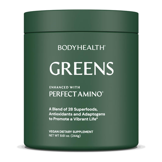 BodyHealth Greens Enhanced PerfectAmino bottle showcases convenient daily nutrition for active lifestyles.