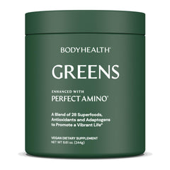 BodyHealth Greens Enhanced PerfectAmino bottle showcases convenient daily nutrition for active lifestyles.