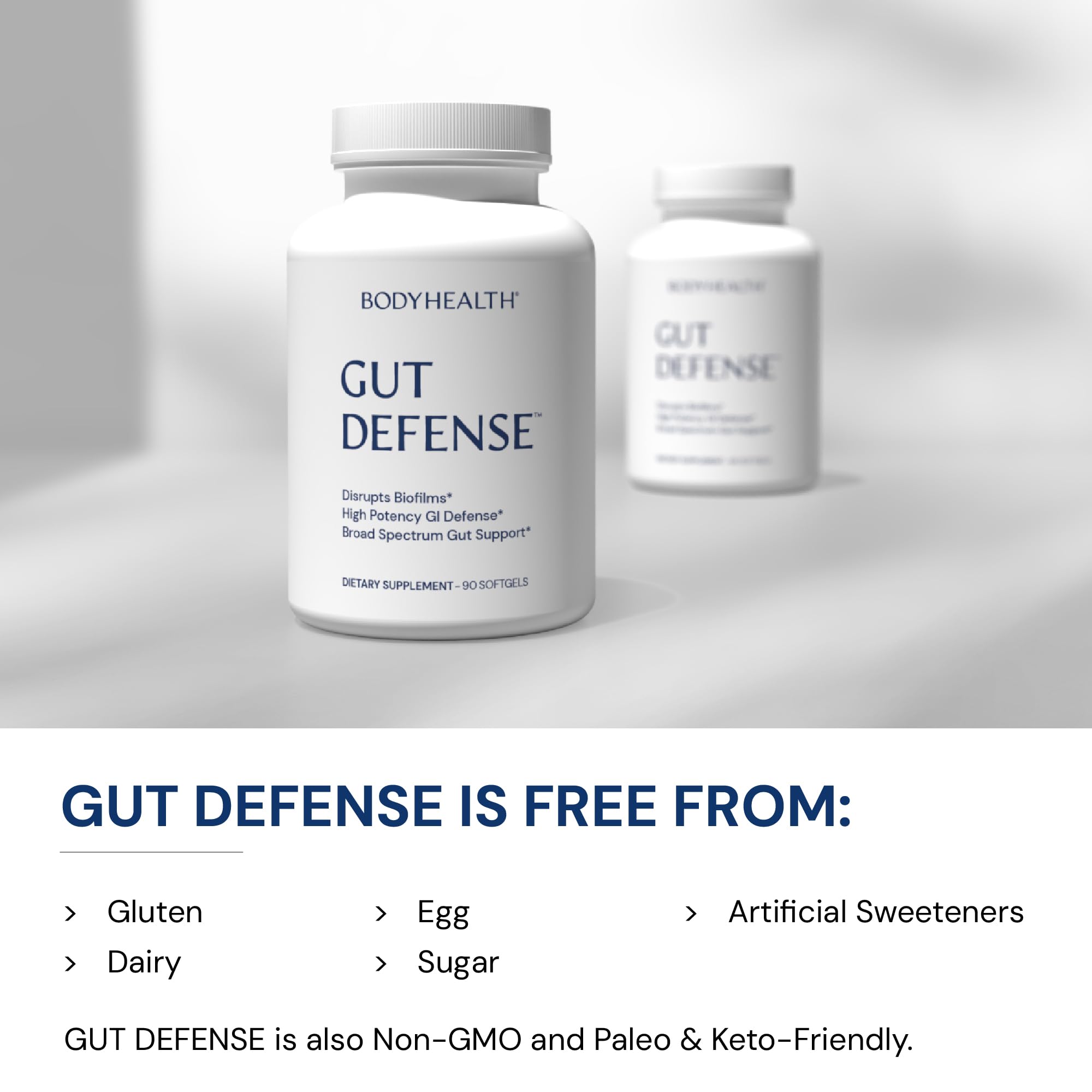BodyHealth Gut Defense ingredients scene illustrating amino acids supporting intestinal balance.