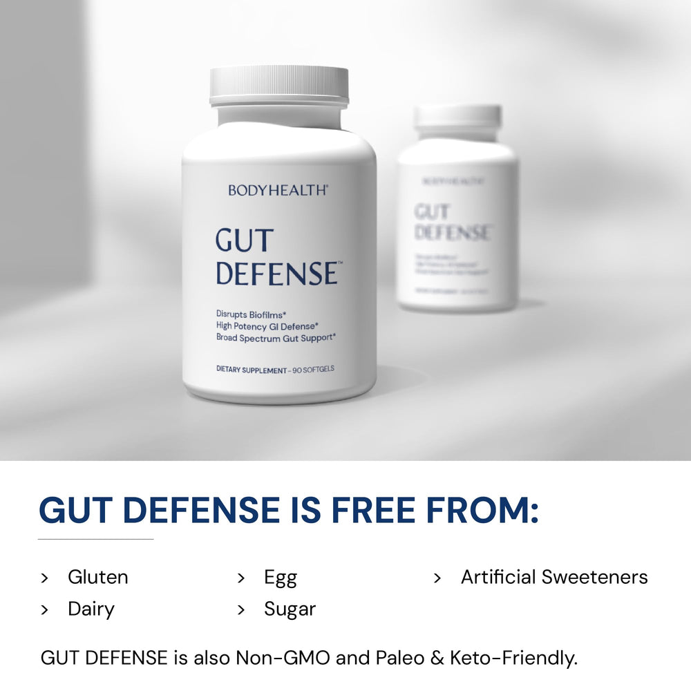 BodyHealth Gut Defense ingredients scene illustrating amino acids supporting intestinal balance.