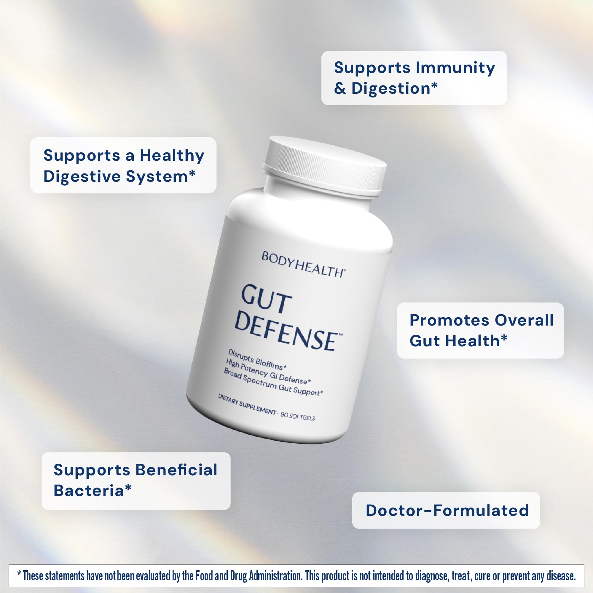 BodyHealth Gut Defense softgels poured for easy consumption and gut support.
