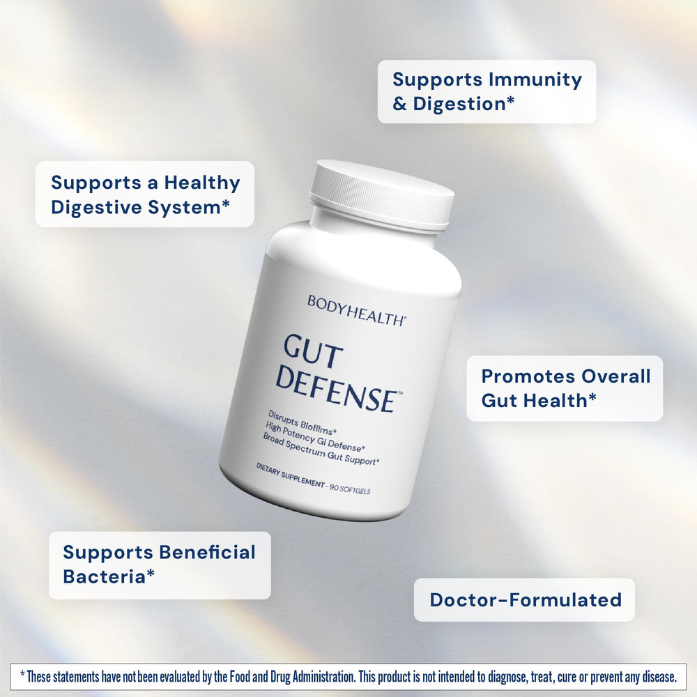 BodyHealth Gut Defense softgels poured for easy consumption and gut support.