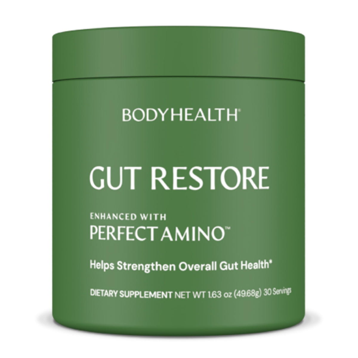 BodyHealth Gut Restore bottle shows a clean label and unflavored formula for daily digestive support