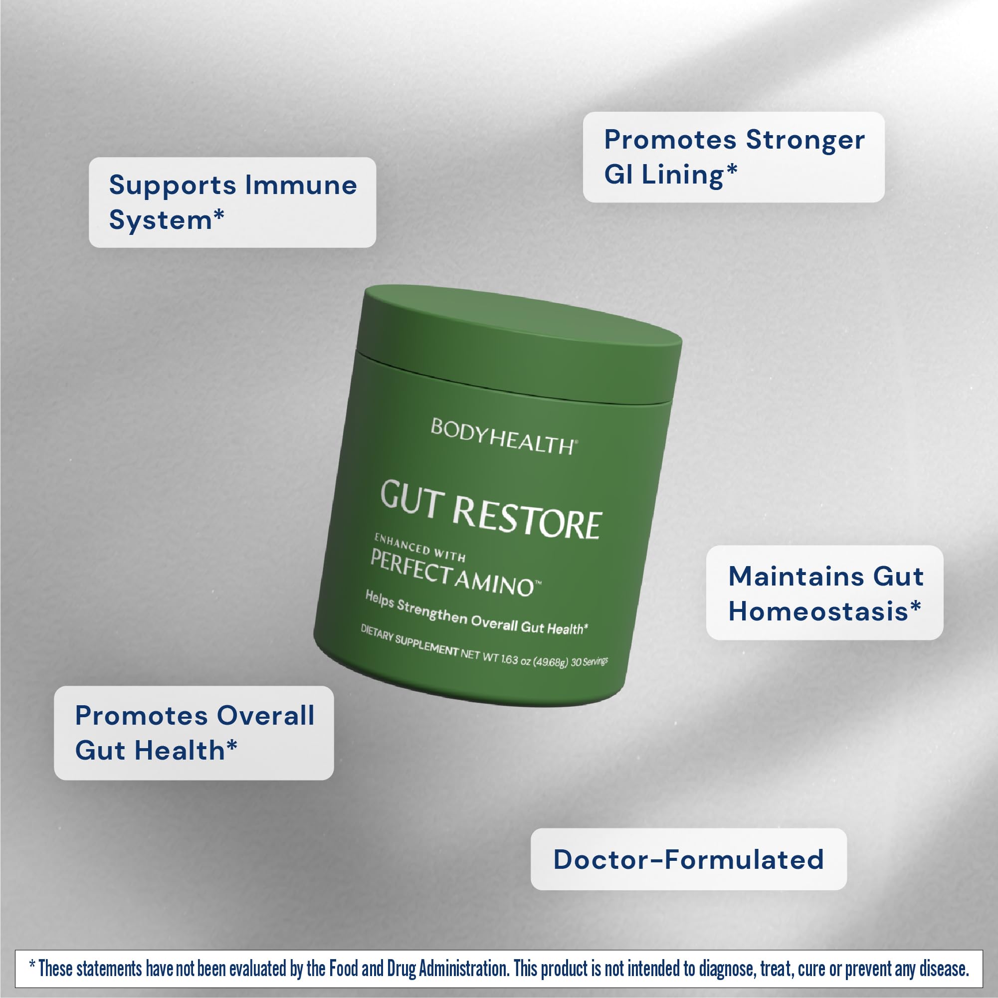 BodyHealth Gut Restore label highlights the unflavored formula and clean ingredients