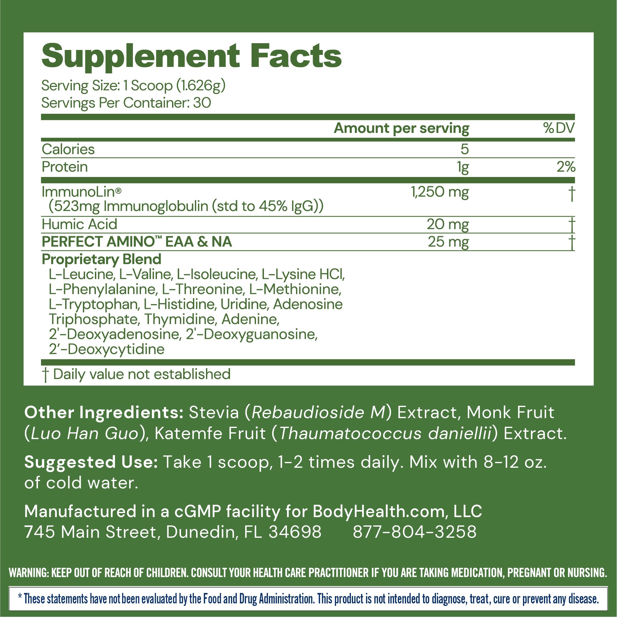 BodyHealth Gut Restore scoop emphasizes convenient dosing and easy mixing into beverages