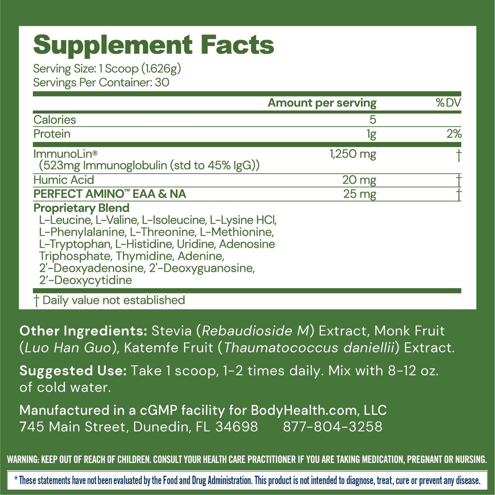 BodyHealth Gut Restore scoop emphasizes convenient dosing and easy mixing into beverages