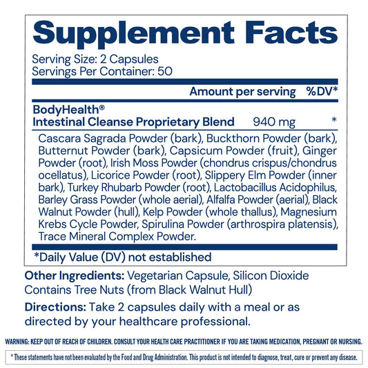 Close-up of BodyHealth Intestinal Cleanse pills showing gentle, cramp-free bowel support