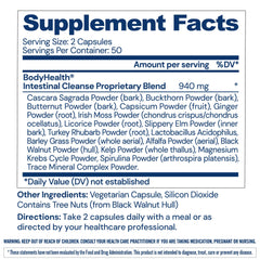 Close-up of BodyHealth Intestinal Cleanse pills showing gentle, cramp-free bowel support
