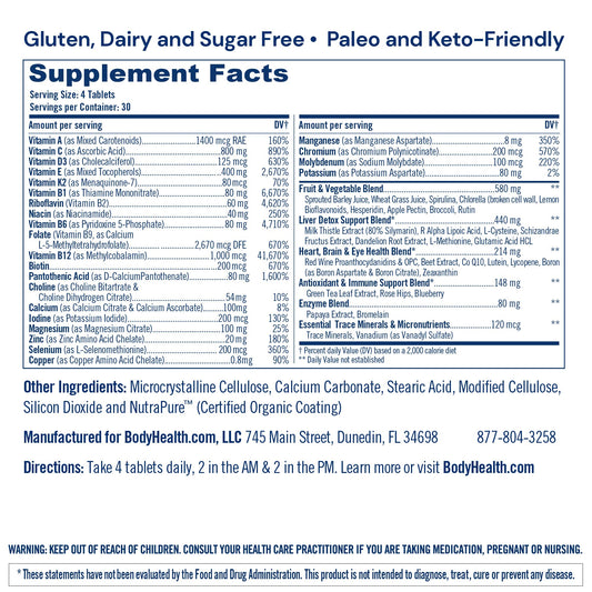 BodyHealth Multi Complete label close-up highlighting organic concentrates.