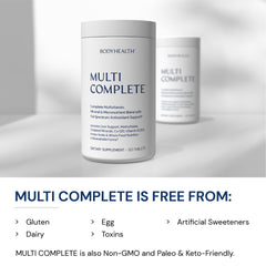 BodyHealth Multi Complete made-in-usa badge signaling quality manufacturing.
