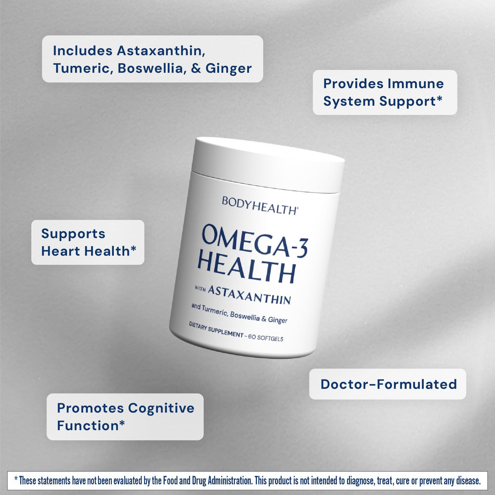 Close-up of BodyHealth Omega 3 softgels for easy daily use.