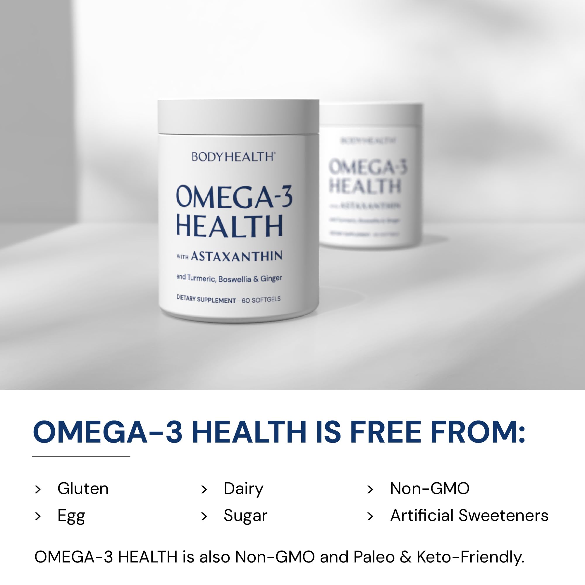 BodyHealth Omega 3 blend with turmeric, boswellia, and ginger for overall wellness.