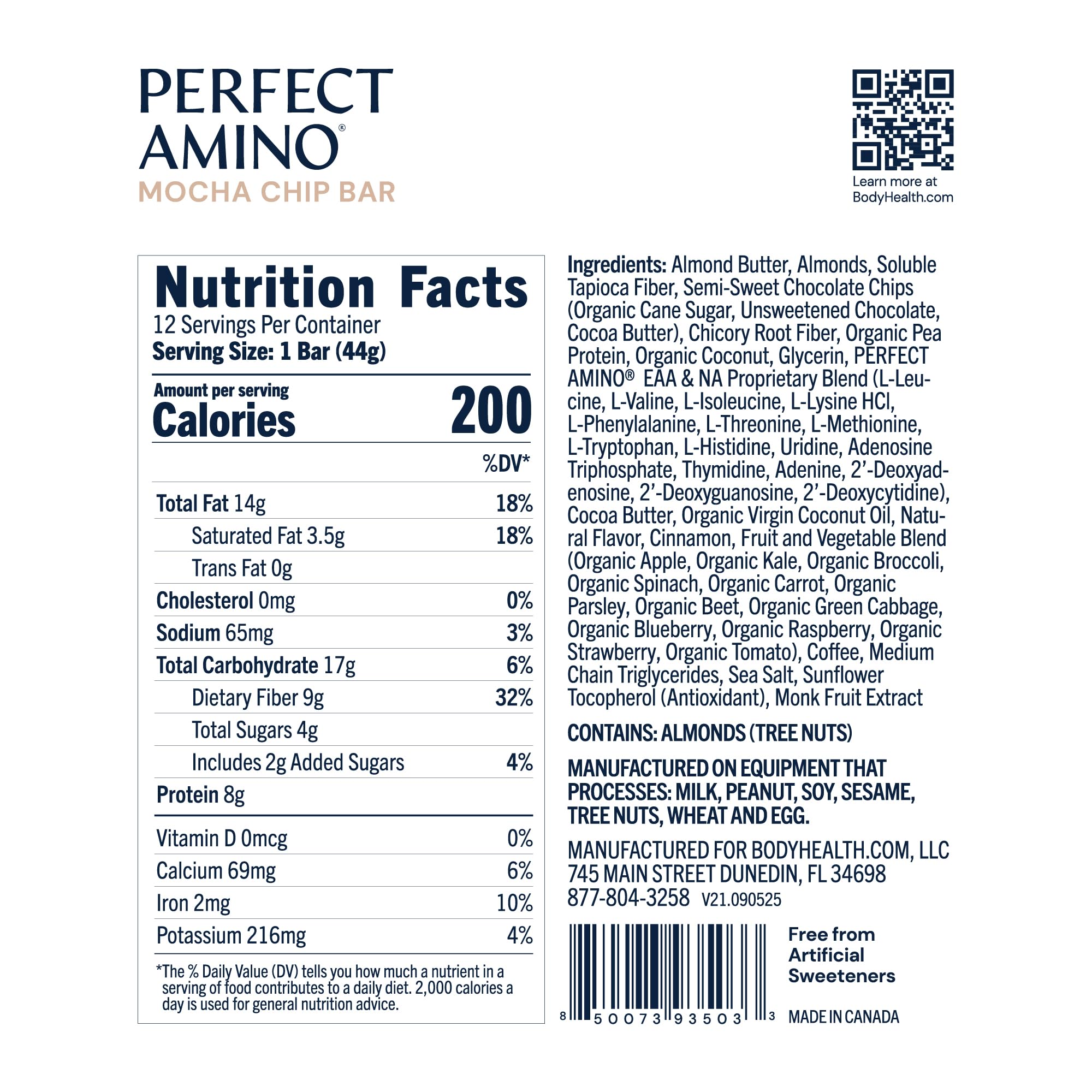 BodyHealth PerfectAmino Bar mocha close-up highlighting chewy texture and protein.
