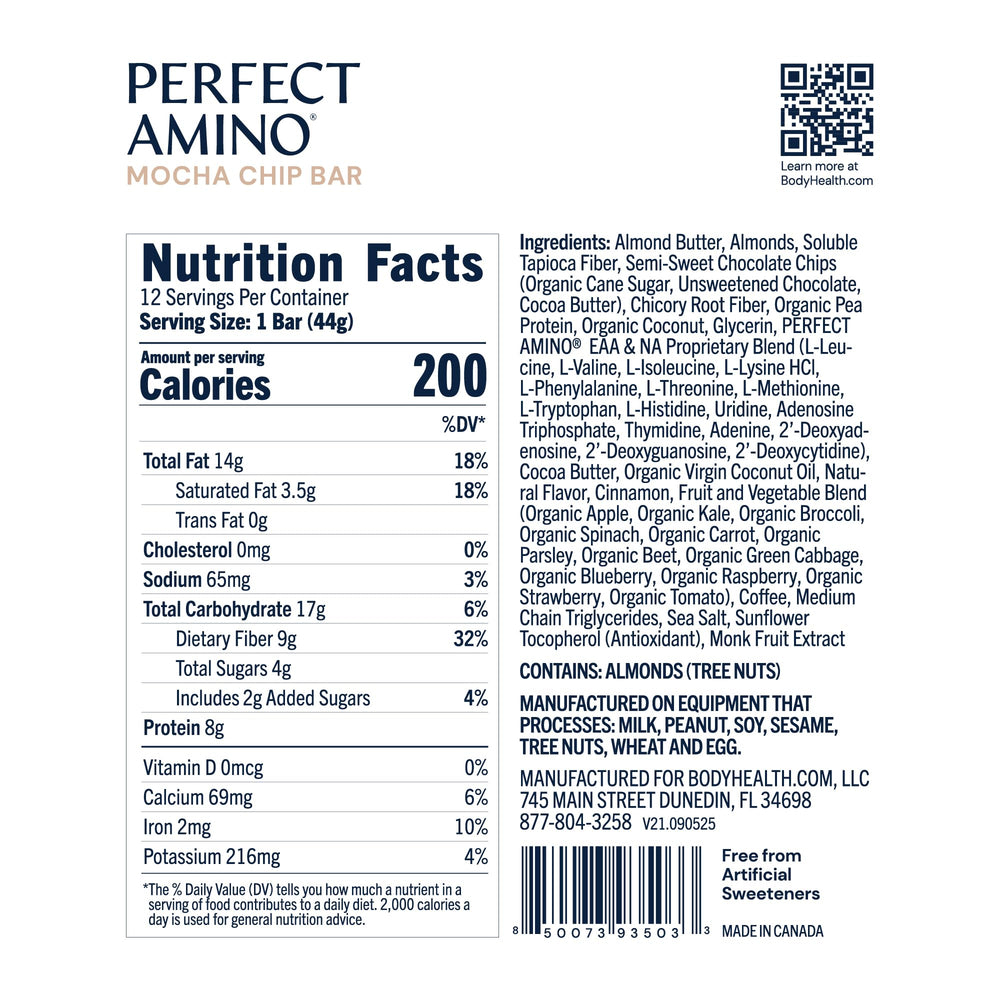 BodyHealth PerfectAmino Bar mocha close-up highlighting chewy texture and protein.