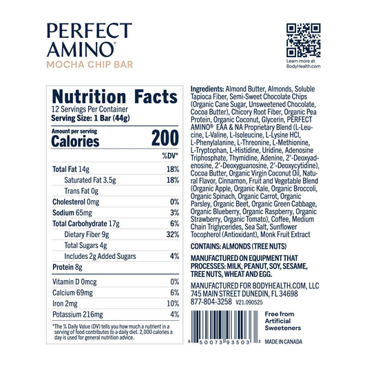 BodyHealth PerfectAmino Bar mocha close-up highlighting chewy texture and protein.