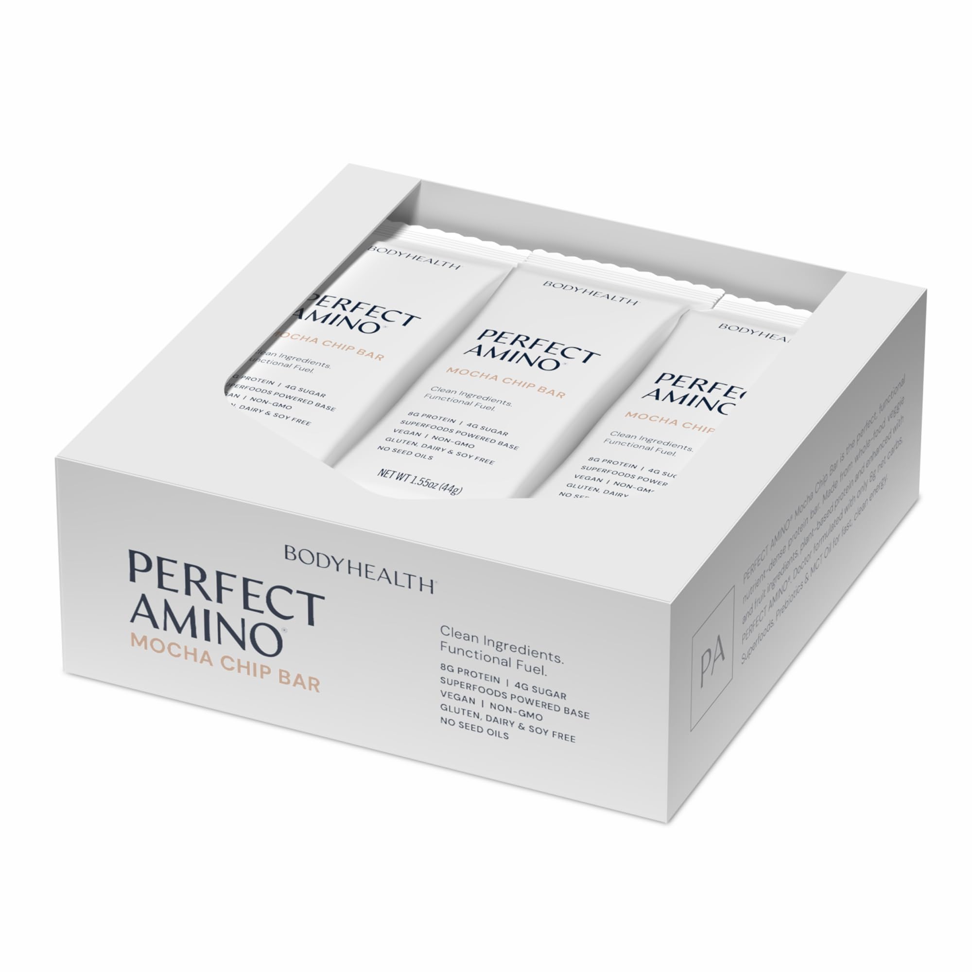 BodyHealth PerfectAmino Bar mocha packaging shown for on-the-go energy.