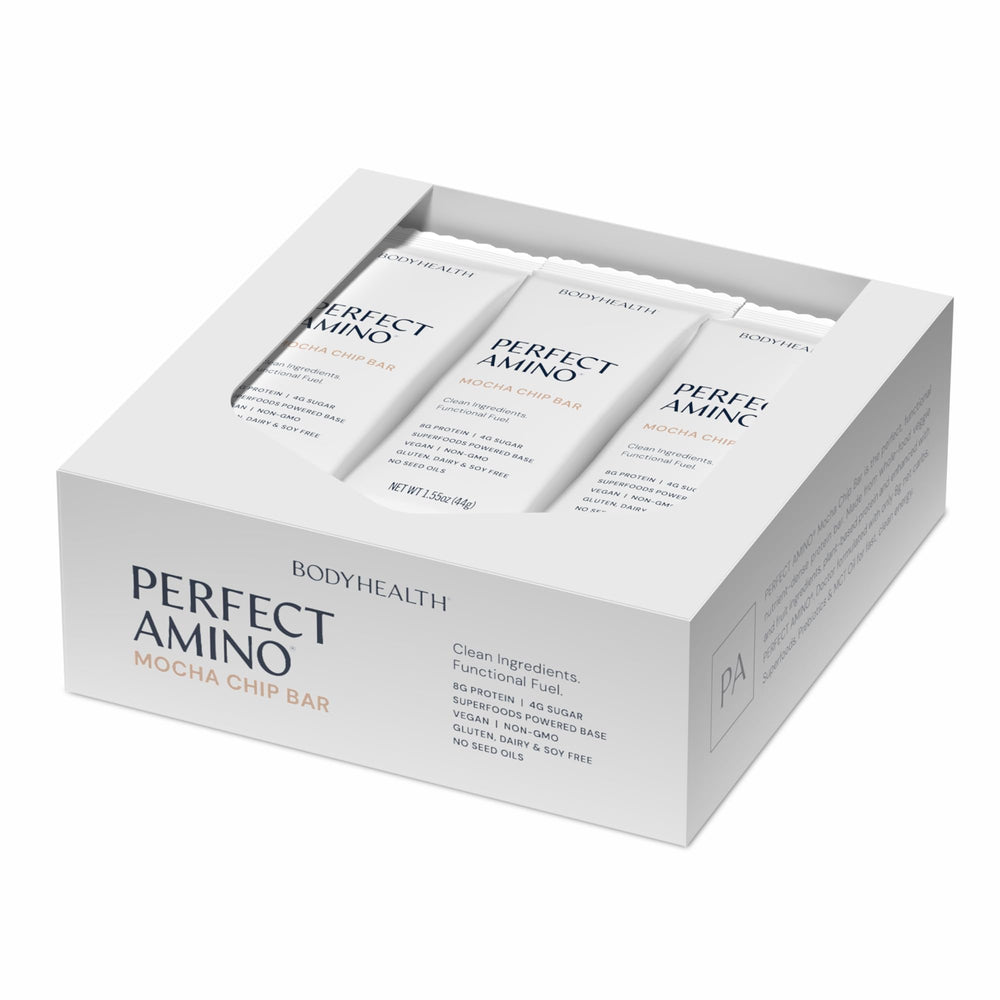 BodyHealth PerfectAmino Bar mocha packaging shown for on-the-go energy.
