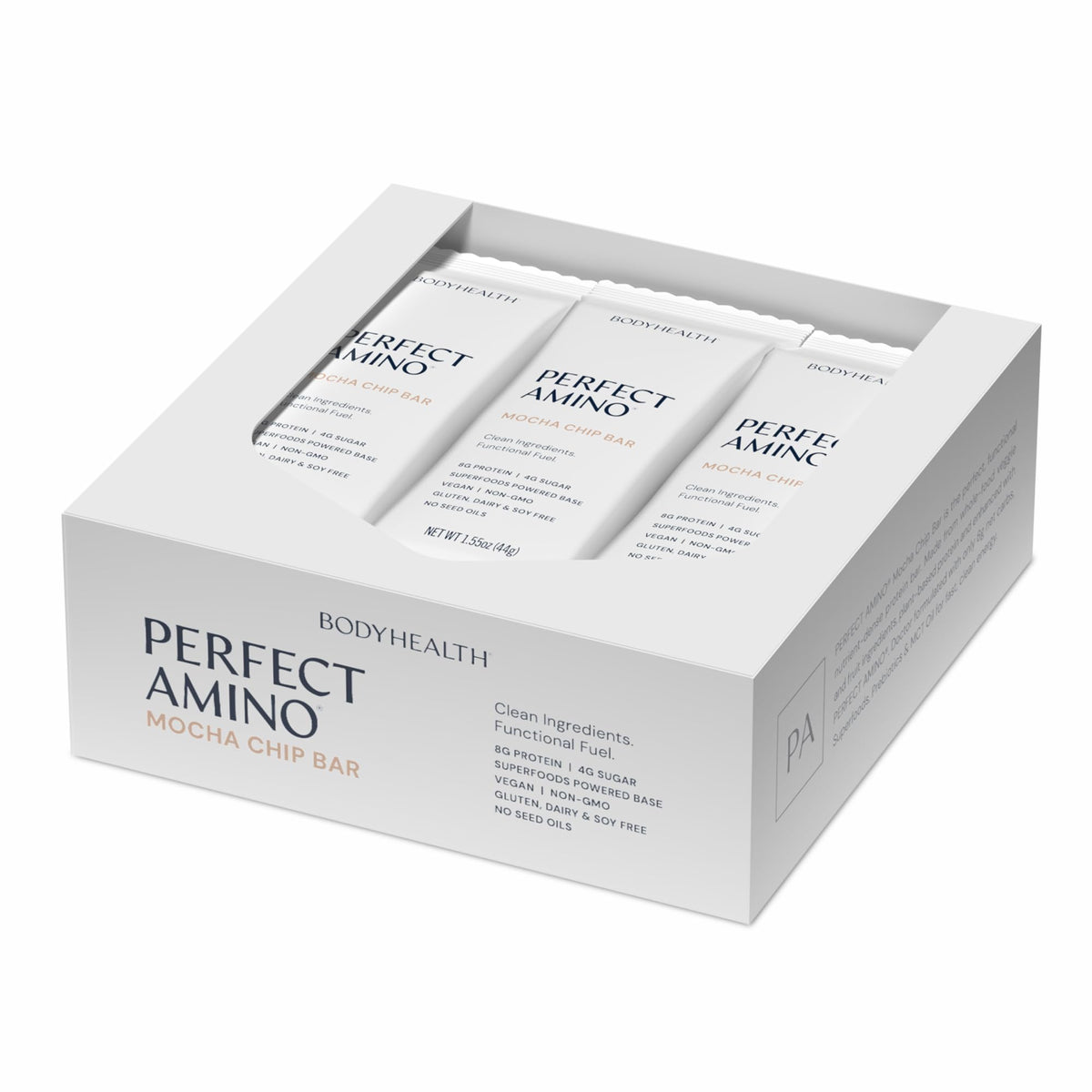 BodyHealth PerfectAmino Bar mocha packaging shown for on-the-go energy.