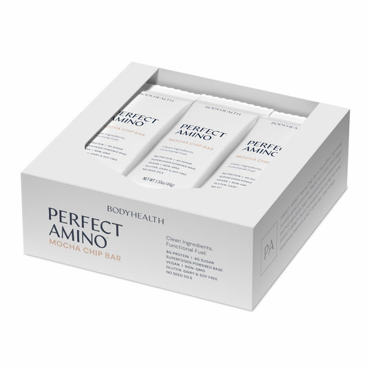 BodyHealth PerfectAmino Bar mocha packaging shown for on-the-go energy.