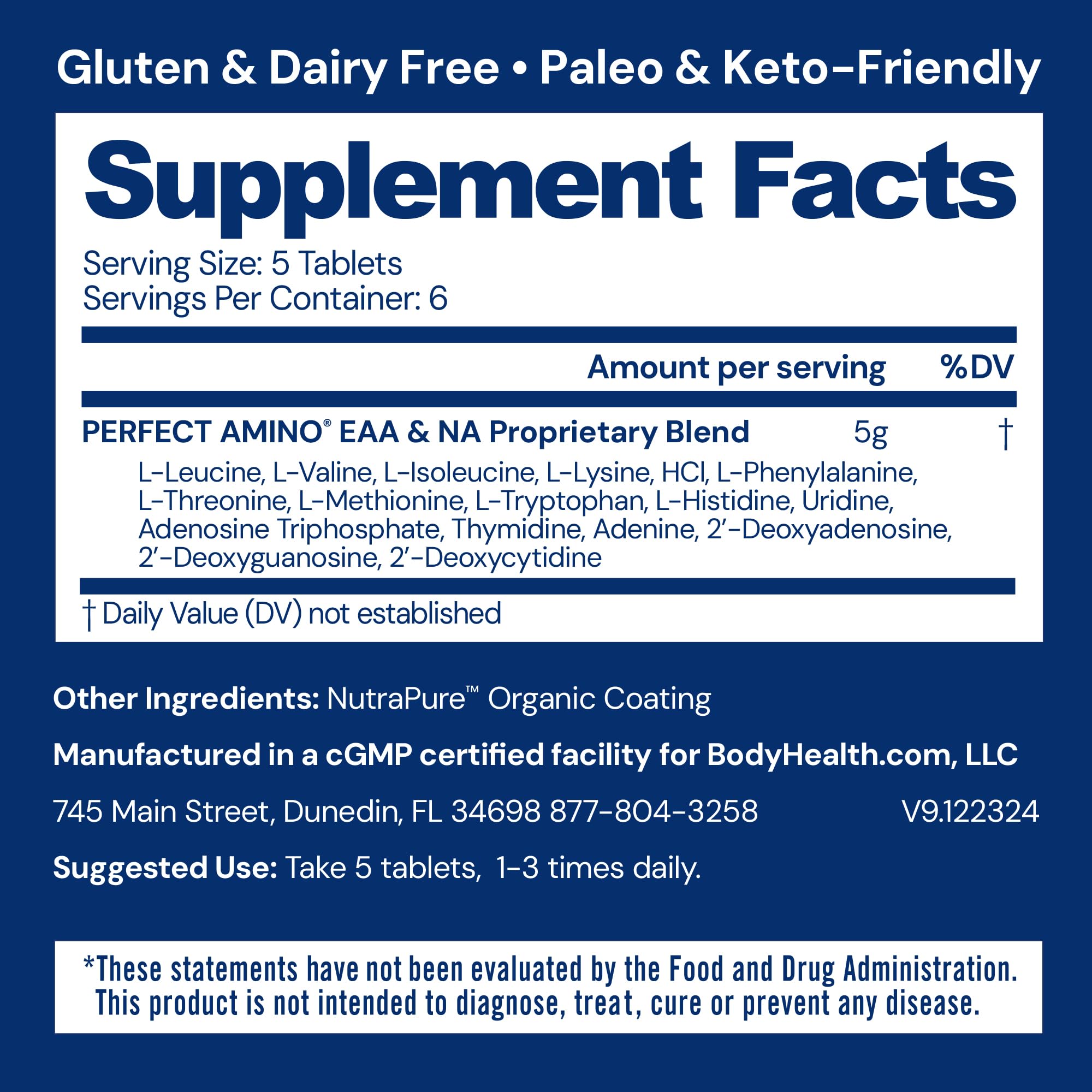 BodyHealth PerfectAmino bottle back label detailing amino acids