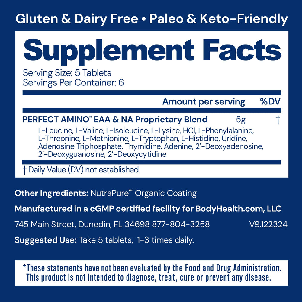 BodyHealth PerfectAmino bottle back label detailing amino acids