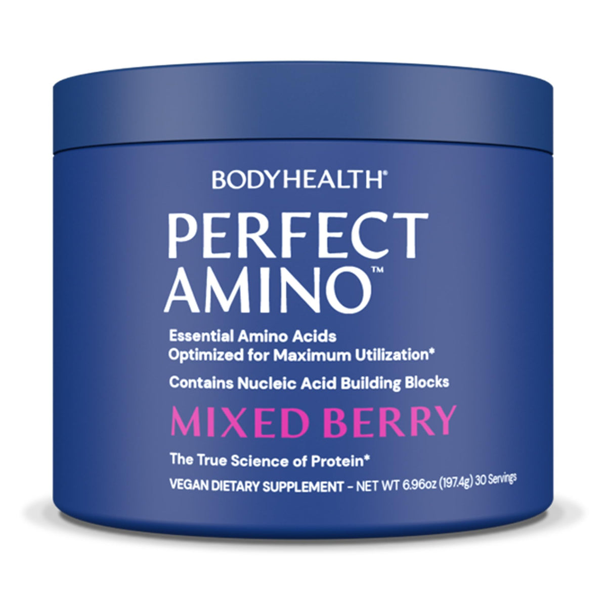BodyHealth PerfectAmino bottle front showing vegan amino acids for recovery support.