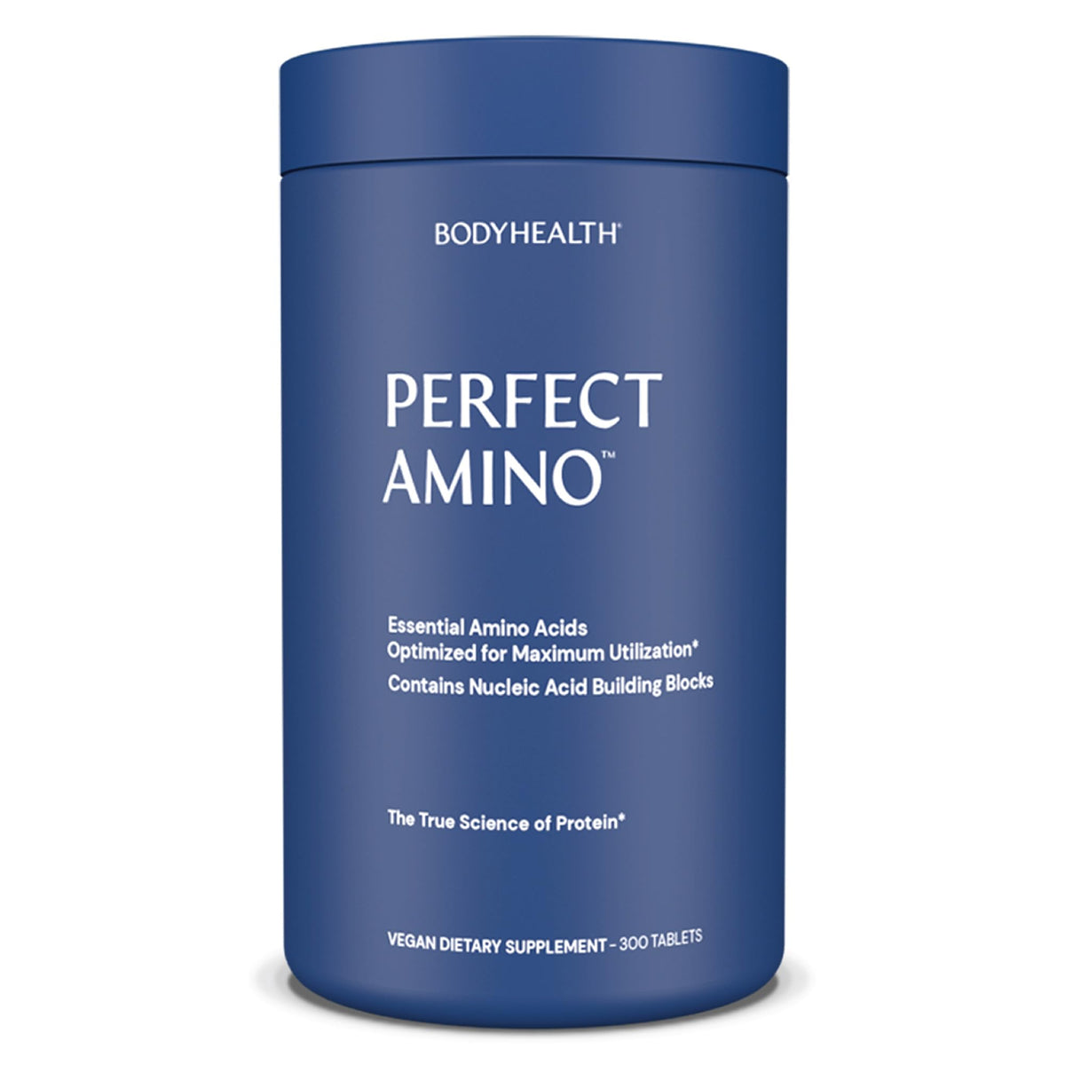 BodyHealth PerfectAmino bottle front view - vegan amino acids for recovery support.