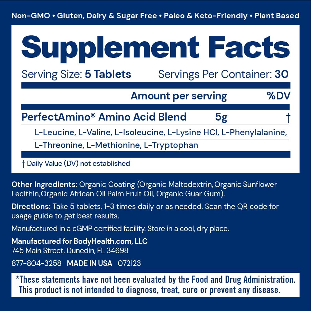 BodyHealth PerfectAmino bottle front highlighting vegan protein support