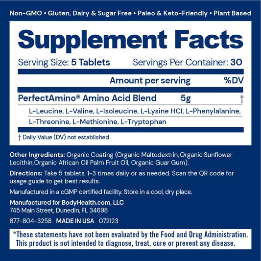 BodyHealth PerfectAmino bottle front highlighting vegan protein support