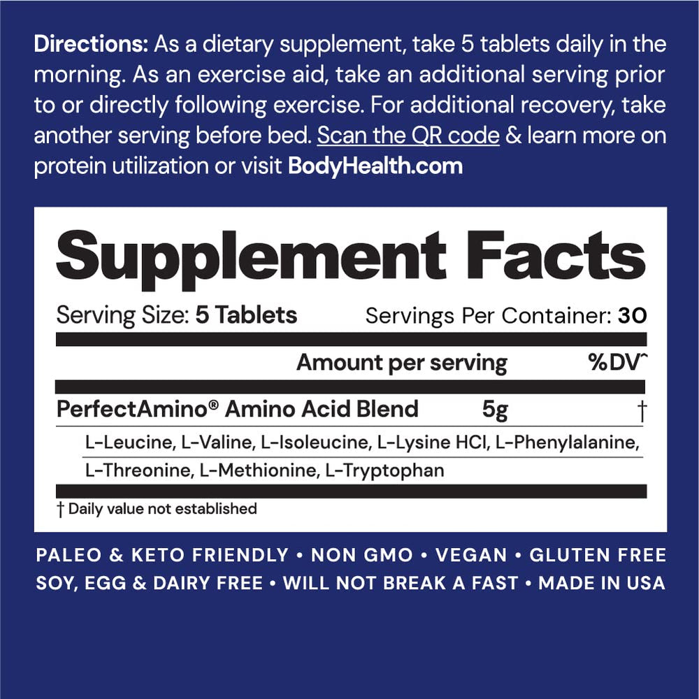 Close-up of PerfectAmino bottle label highlighting vegan, keto-friendly amino acids.